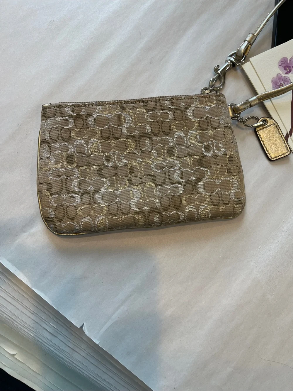 Coach Beige Signature Wristlet Clutch coin purse, small zipped
